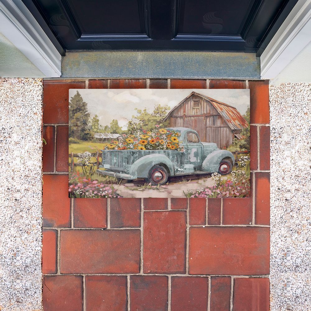 Nina Blue Vintage Truck With Flowers Unwoven Outdoor Door Mat