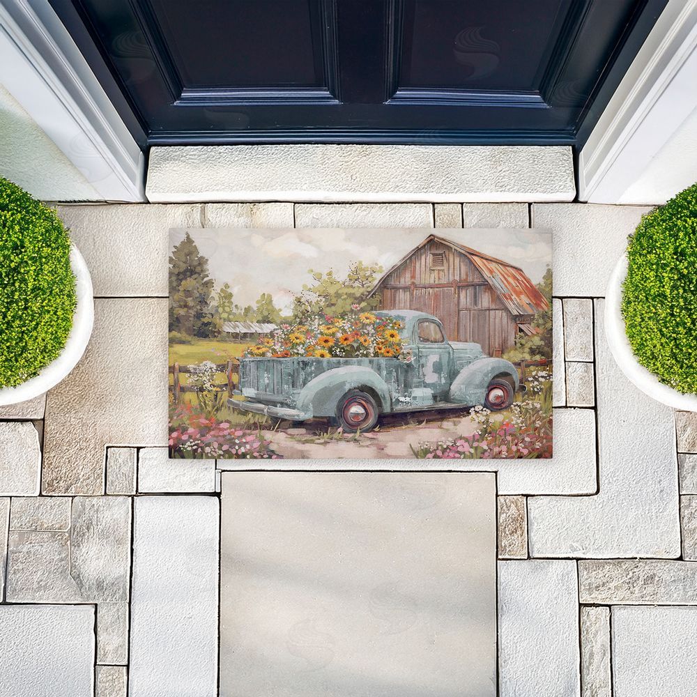 Nina Blue Vintage Truck With Flowers Unwoven Outdoor Door Mat