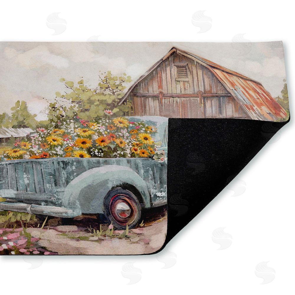 Nina Blue Vintage Truck With Flowers Unwoven Outdoor Door Mat