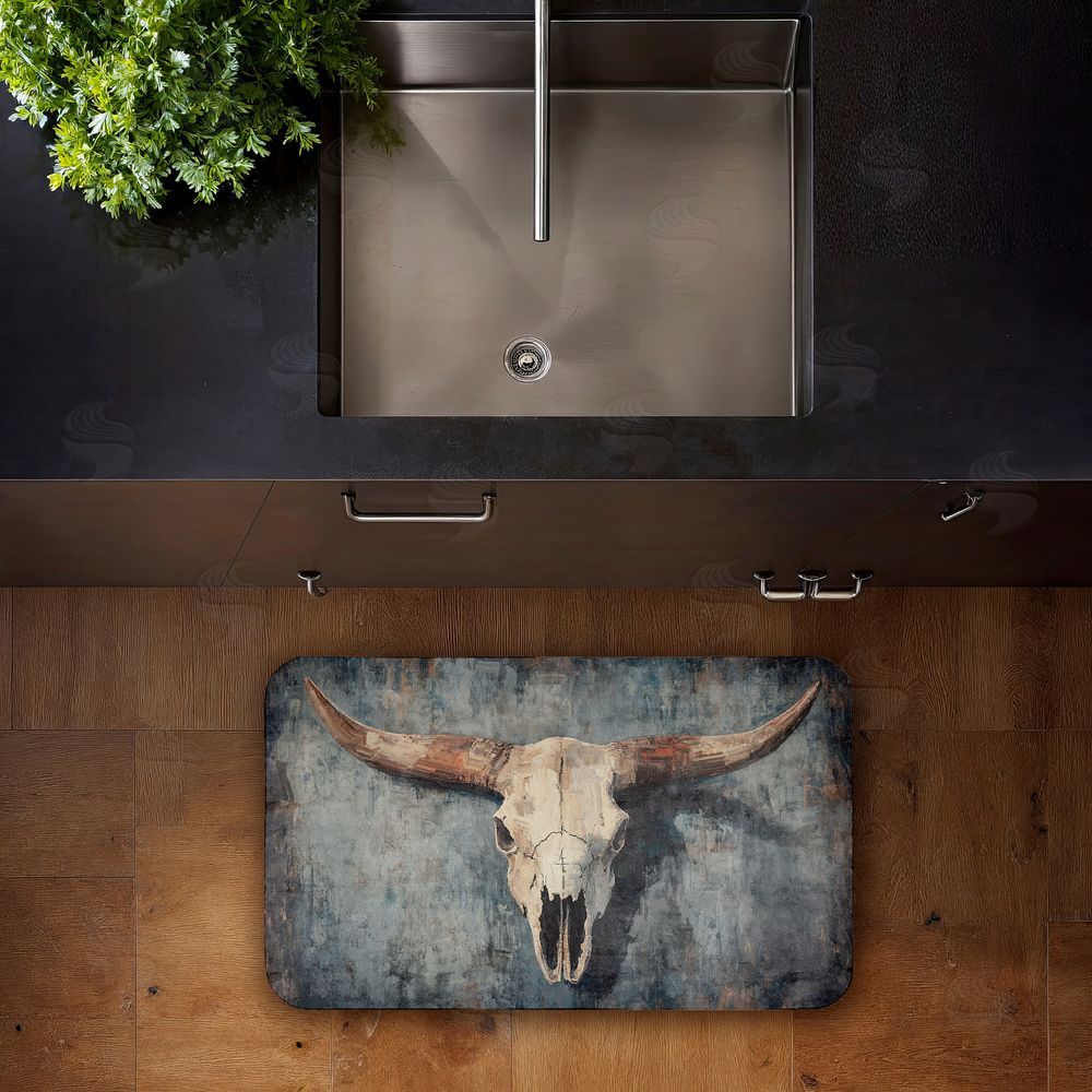 Nina Blue Dark Vintage Cow Skull Kitchen Floor Mat