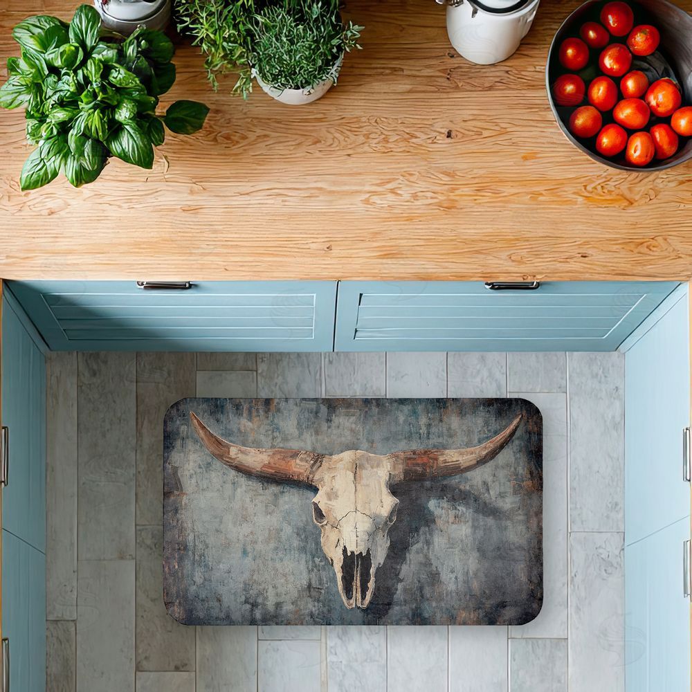 Nina Blue Dark Vintage Cow Skull Kitchen Floor Mat