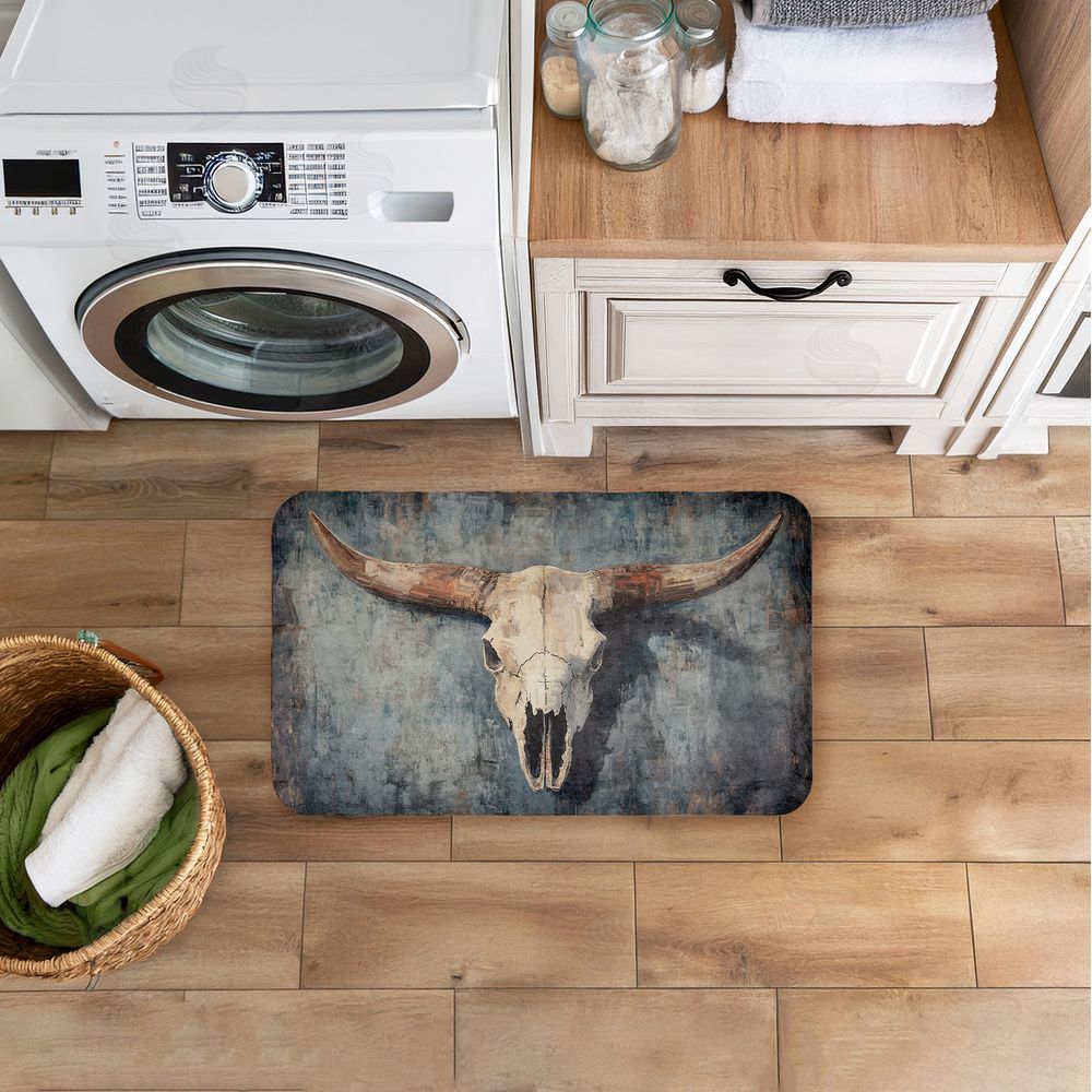 Nina Blue Dark Vintage Cow Skull Kitchen Floor Mat