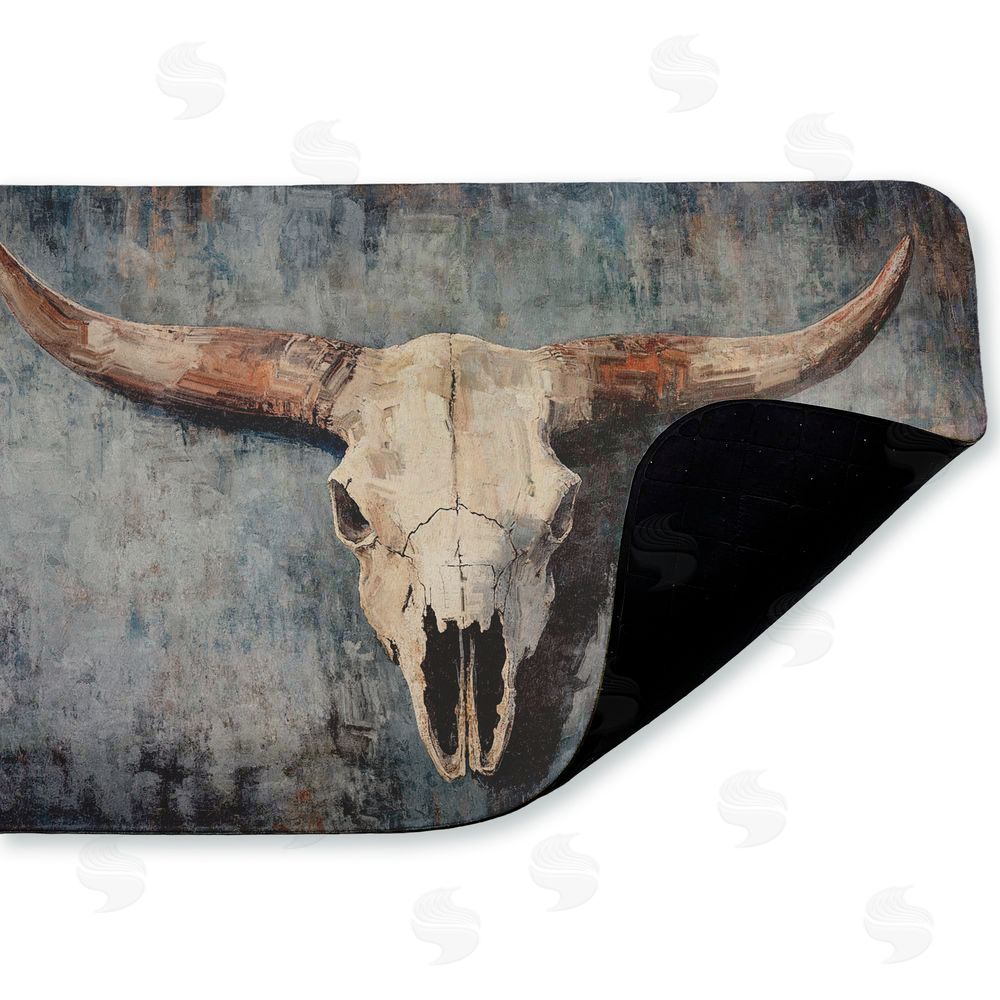 Nina Blue Dark Vintage Cow Skull Kitchen Floor Mat