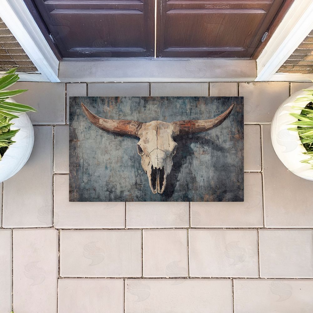 Nina Blue Dark Vintage Cow Skull Unwoven Outdoor Door Mat