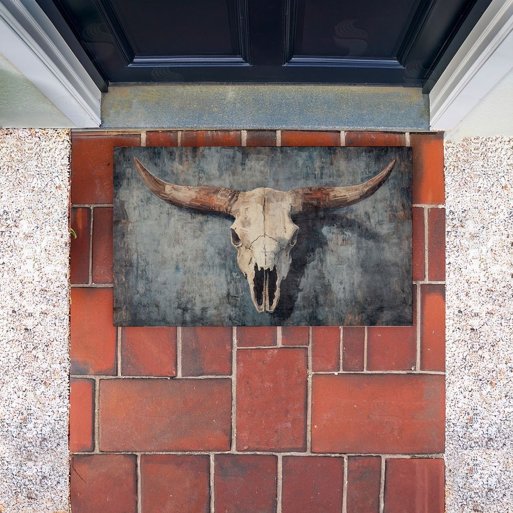 Nina Blue Dark Vintage Cow Skull Unwoven Outdoor Door Mat