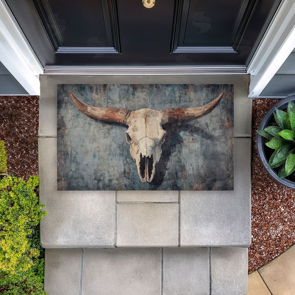 Nina Blue Dark Vintage Cow Skull Unwoven Outdoor Door Mat