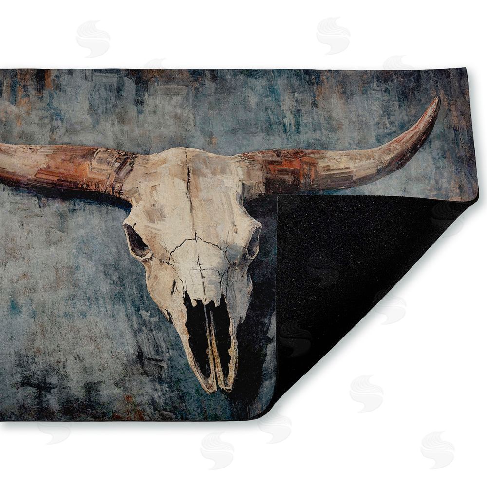 Nina Blue Dark Vintage Cow Skull Unwoven Outdoor Door Mat