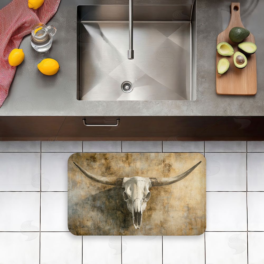 Nina Blue Vintage Cow Skull Kitchen Floor Mat