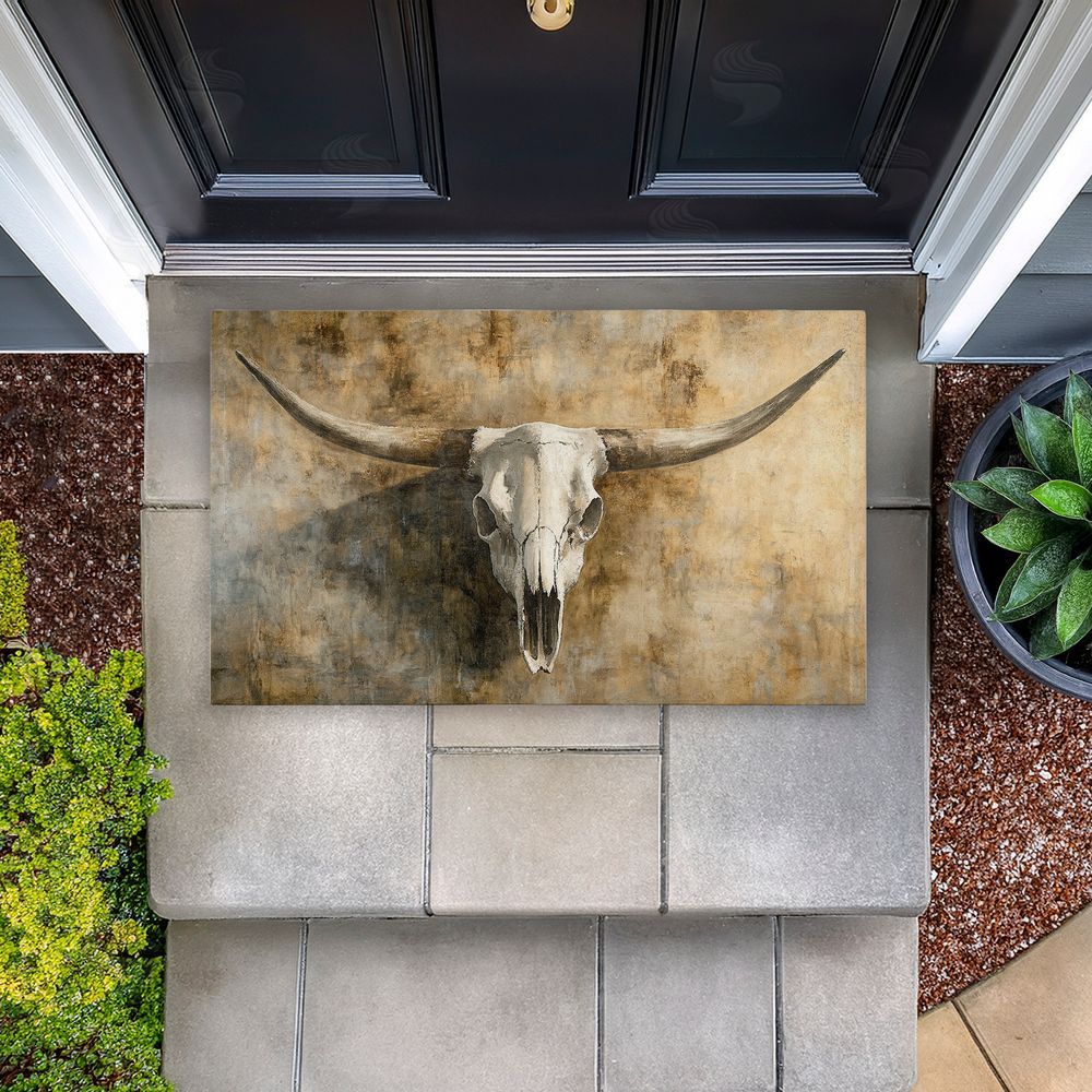 Nina Blue Vintage Cow Skull Unwoven Outdoor Door Mat