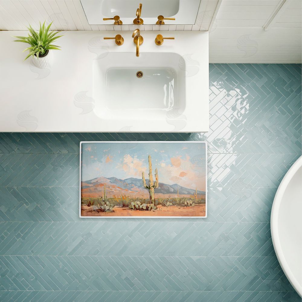 Nina Blue Pink Desert Cactus Landscape Plush Bathroom Floor Mat