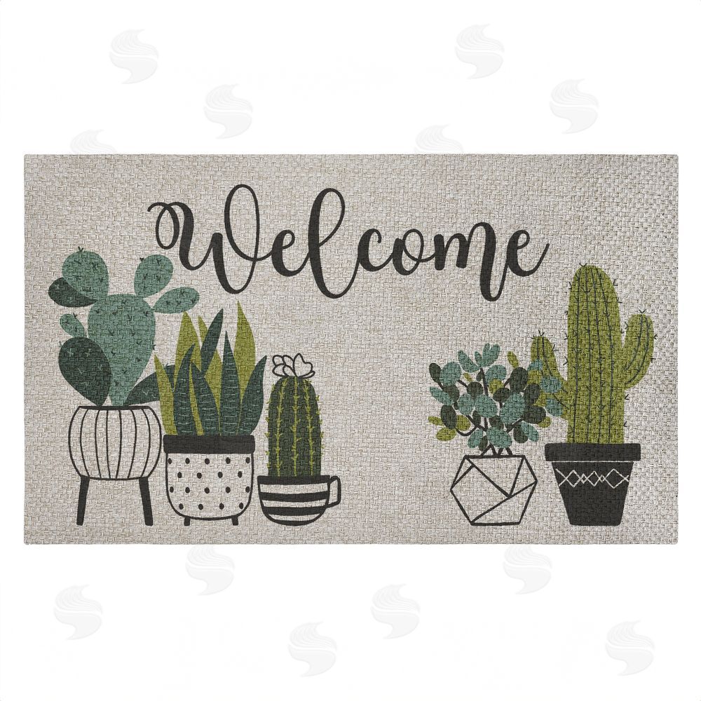 Deane Beesley Cursive Welcome Potted Cacti Outdoor Faux Sisal Door Mat