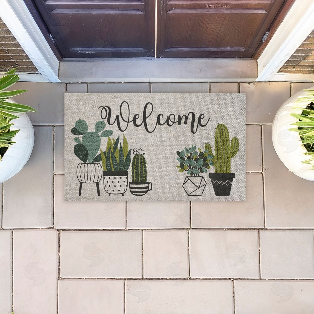 Deane Beesley Cursive Welcome Potted Cacti Outdoor Faux Sisal Door Mat