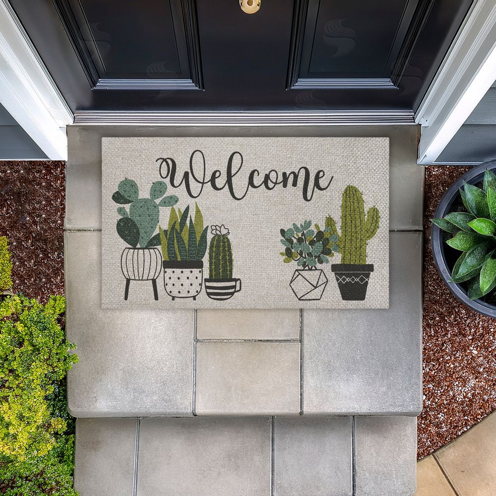 Deane Beesley Cursive Welcome Potted Cacti Outdoor Faux Sisal Door Mat