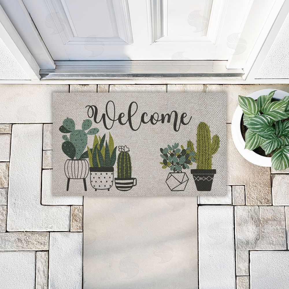 Deane Beesley Cursive Welcome Potted Cacti Outdoor Faux Sisal Door Mat