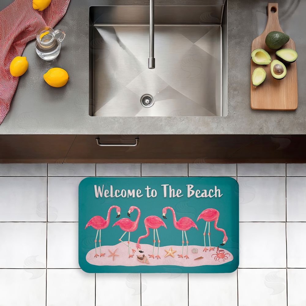 Darlene Seale Flamingo Beach Greetings Kitchen Floor Mat