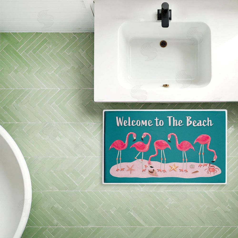Darlene Seale Flamingo Beach Greetings Plush Bathroom Floor Mat