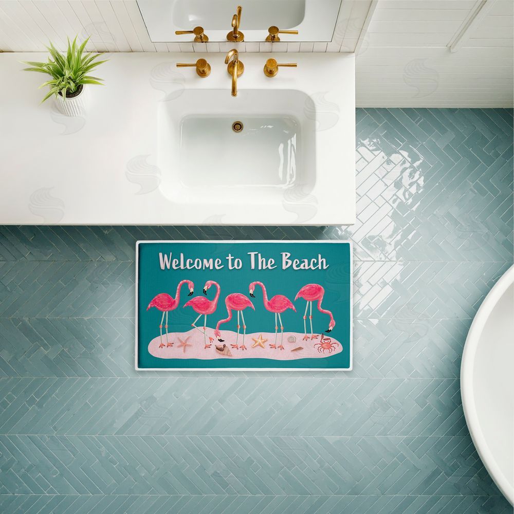 Darlene Seale Flamingo Beach Greetings Plush Bathroom Floor Mat