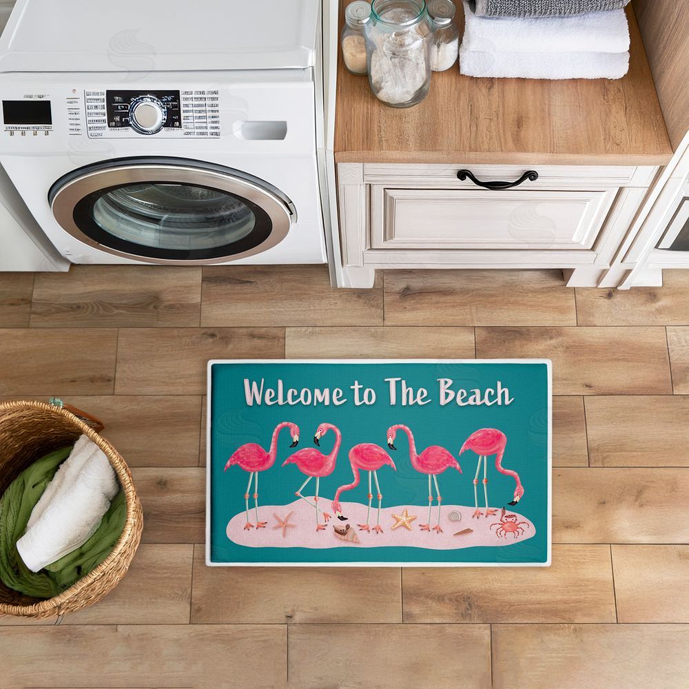 Darlene Seale Flamingo Beach Greetings Plush Bathroom Floor Mat