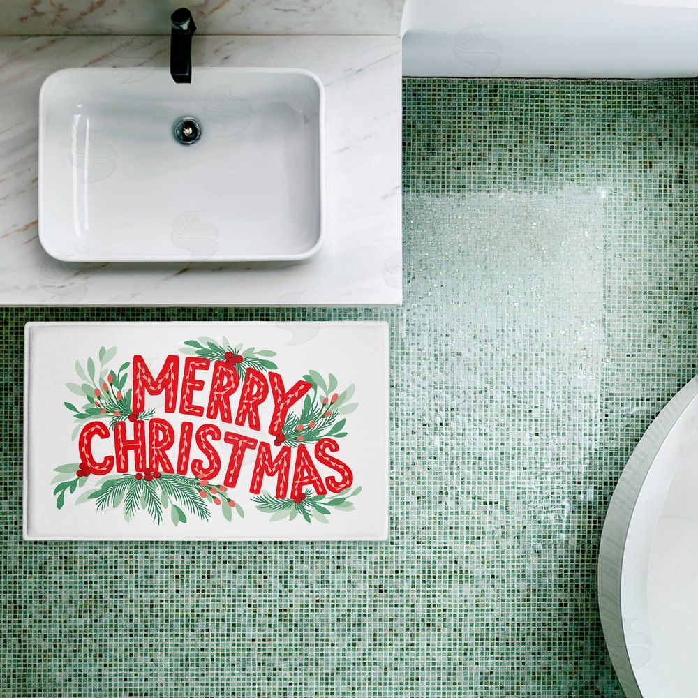 Heather McLaughlin Merry Christmas with Seasonal Greenery Plush Bathroom Floor Mat