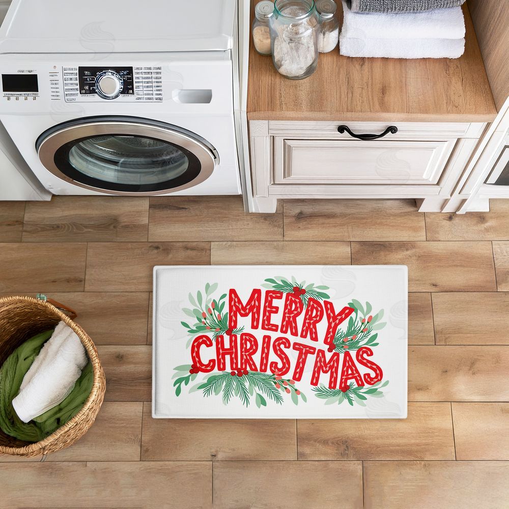 Heather McLaughlin Merry Christmas with Seasonal Greenery Plush Bathroom Floor Mat