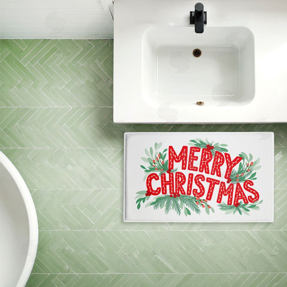 Heather McLaughlin Merry Christmas with Seasonal Greenery Plush Bathroom Floor Mat