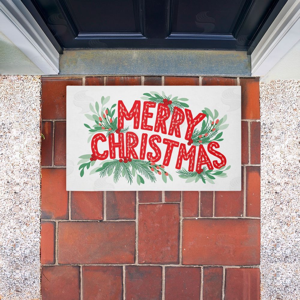 Heather McLaughlin Merry Christmas with Seasonal Greenery Unwoven Outdoor Door Mat