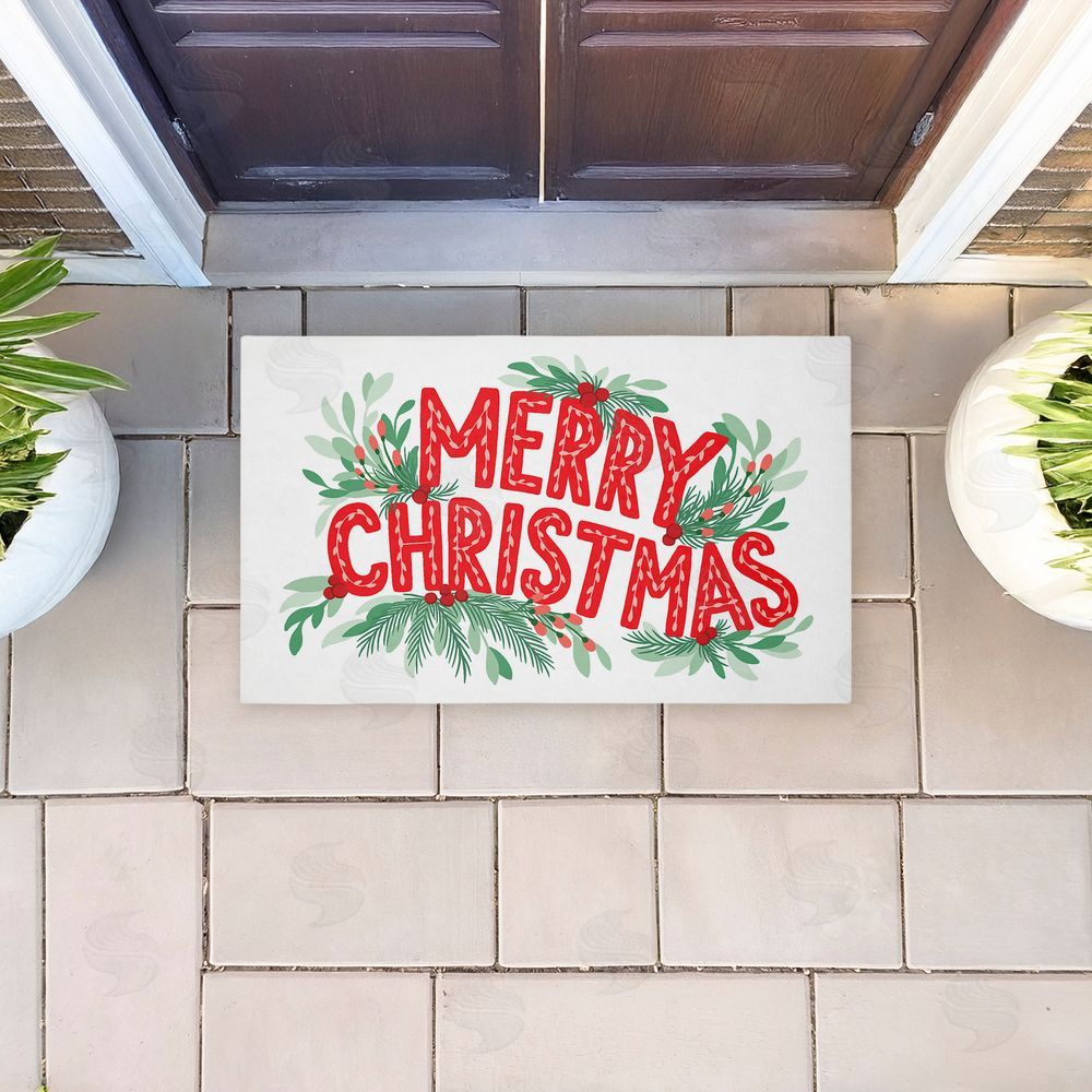 Heather McLaughlin Merry Christmas with Seasonal Greenery Unwoven Outdoor Door Mat