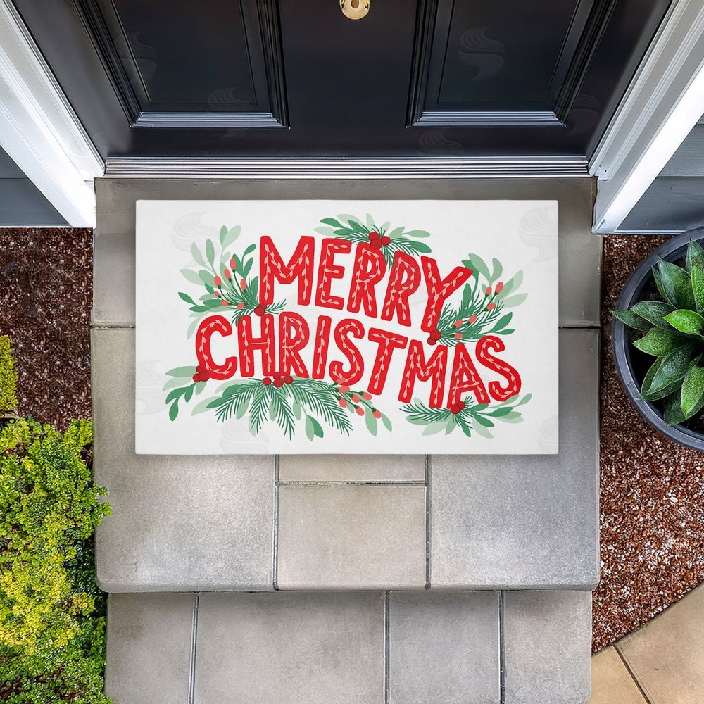 Heather McLaughlin Merry Christmas with Seasonal Greenery Unwoven Outdoor Door Mat