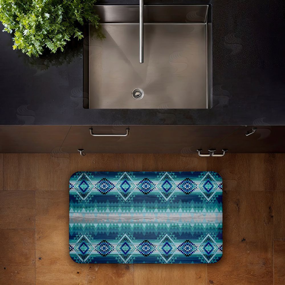 Jennifer Ellory Blue Boho Geometric Kitchen Floor Mat