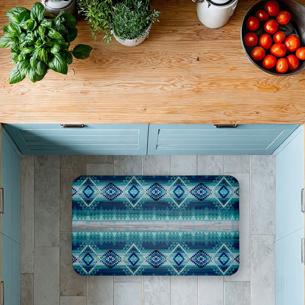 Jennifer Ellory Blue Boho Geometric Kitchen Floor Mat