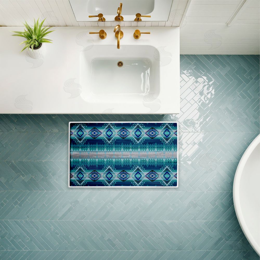 Jennifer Ellory Blue Boho Geometric Plush Bathroom Floor Mat