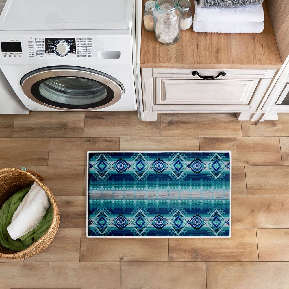 Jennifer Ellory Blue Boho Geometric Plush Bathroom Floor Mat