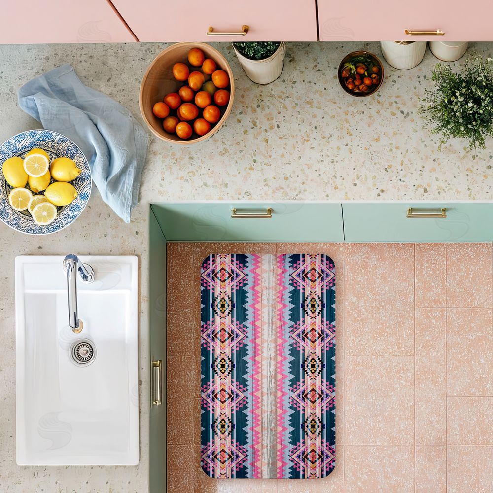 Jennifer Ellory Boho Geometric Pink & Blue Kitchen Floor Mat