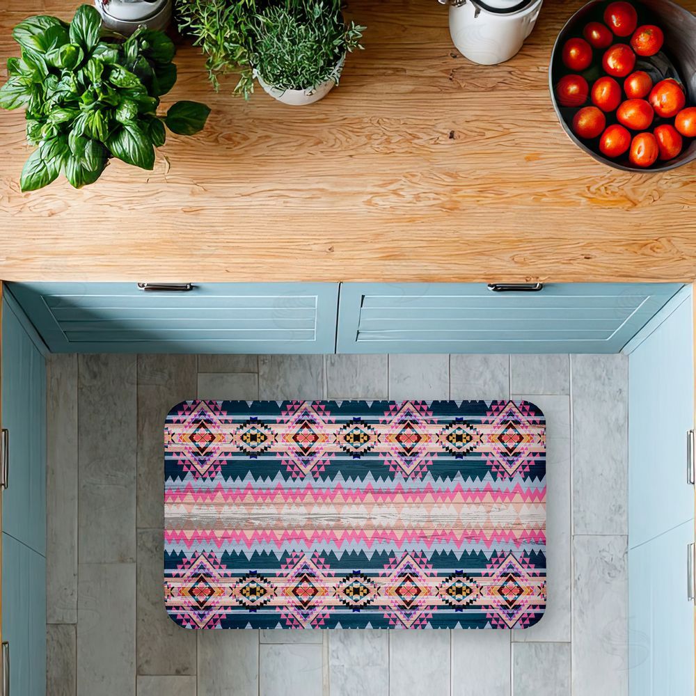 Jennifer Ellory Boho Geometric Pink & Blue Kitchen Floor Mat