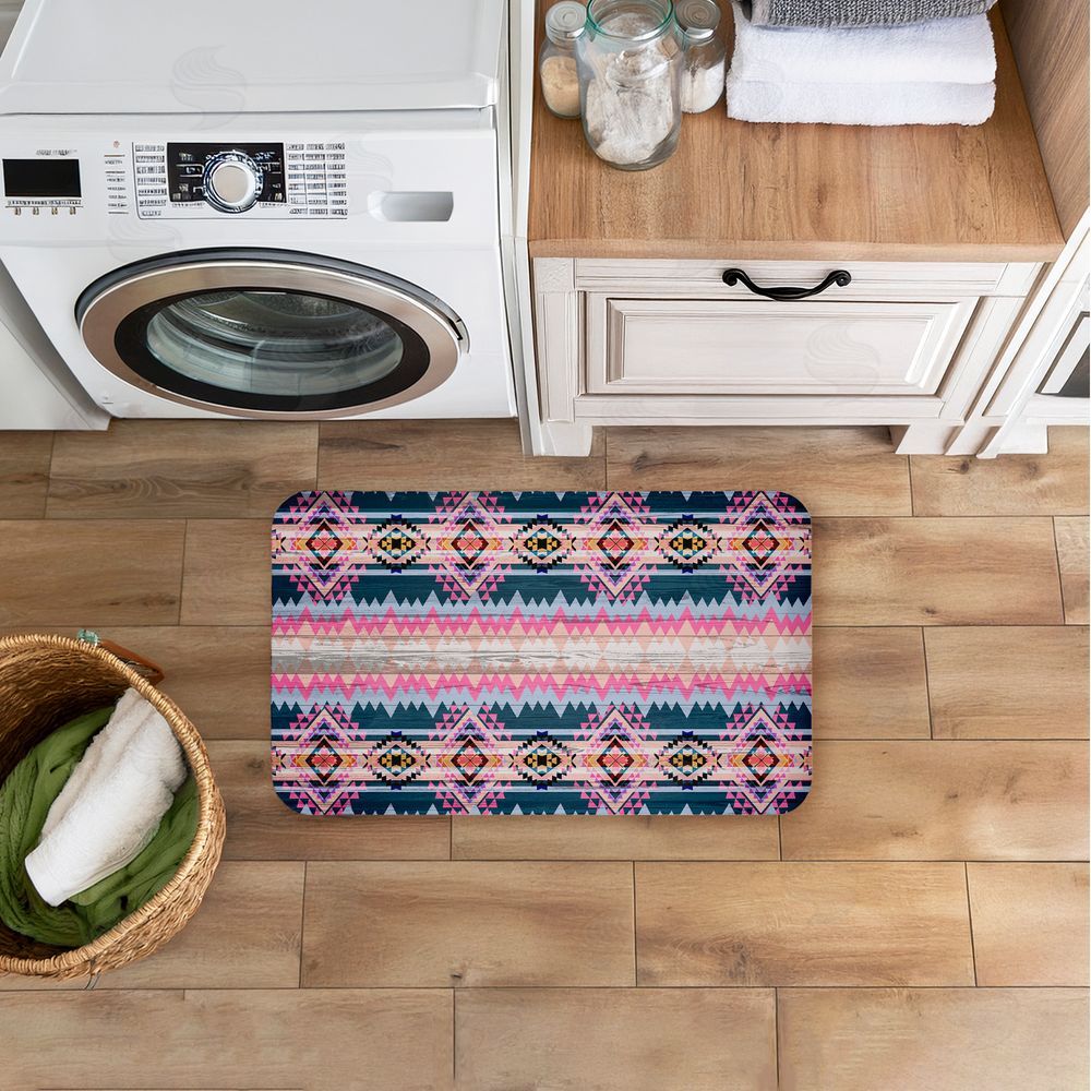 Jennifer Ellory Boho Geometric Pink & Blue Kitchen Floor Mat