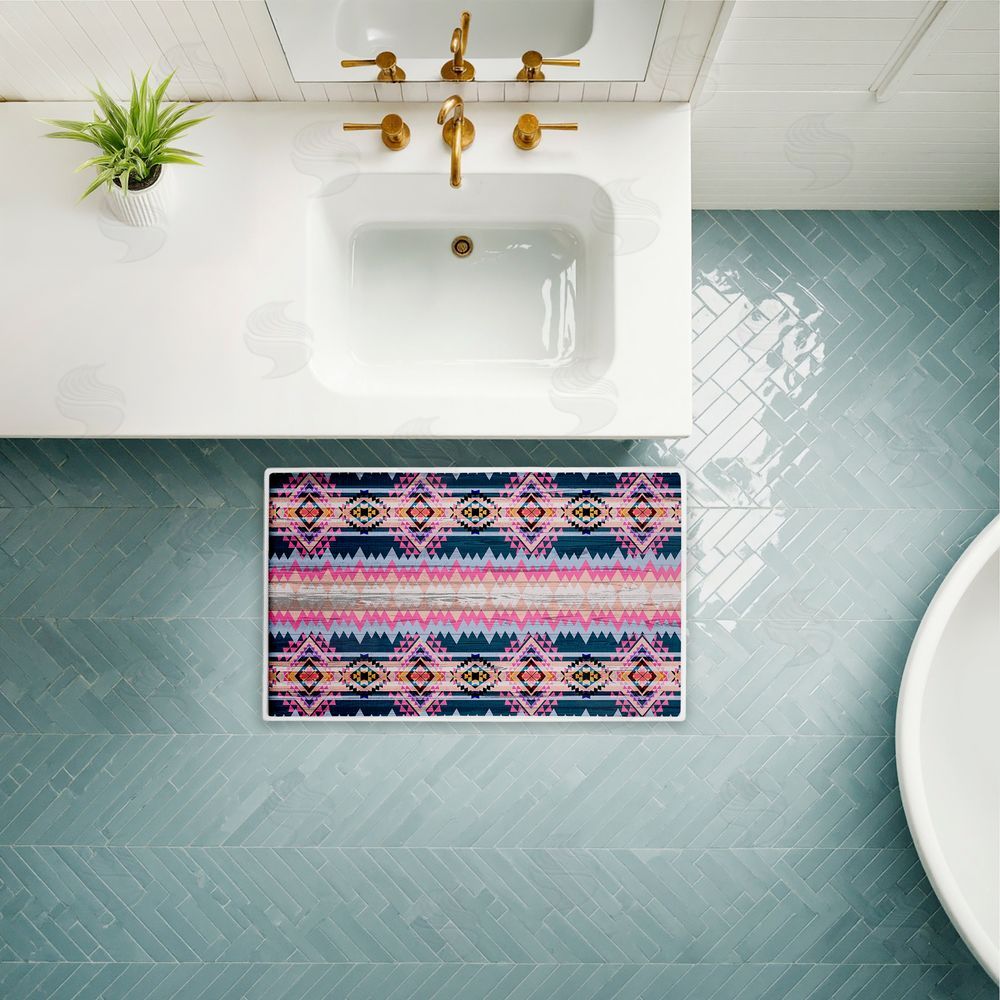 Jennifer Ellory Boho Geometric Pink & Blue Plush Bathroom Floor Mat