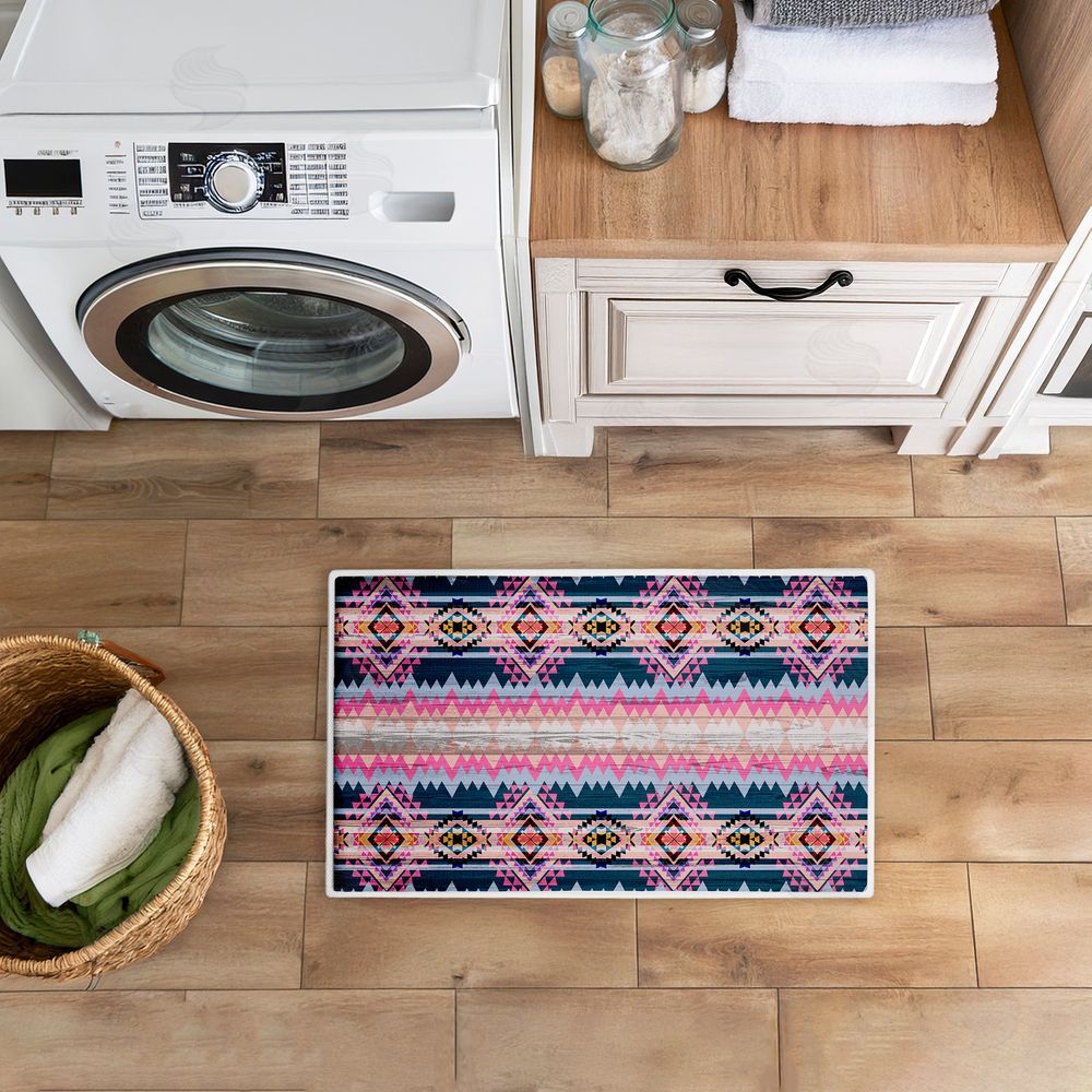 Jennifer Ellory Boho Geometric Pink & Blue Plush Bathroom Floor Mat