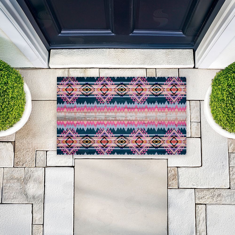 Jennifer Ellory Boho Geometric Pink & Blue Unwoven Outdoor Door Mat