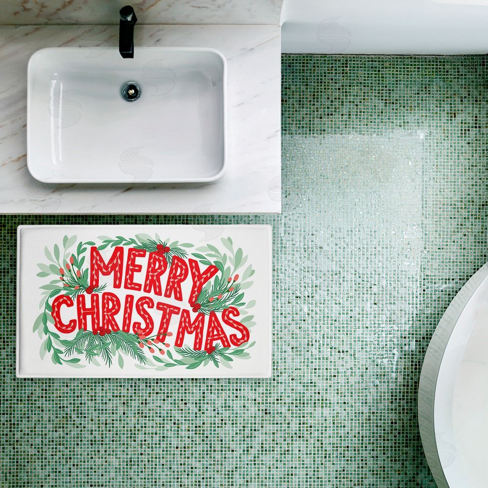 Heather McLaughlin Retro Merry Christmas & Foliage Plush Bathroom Floor Mat