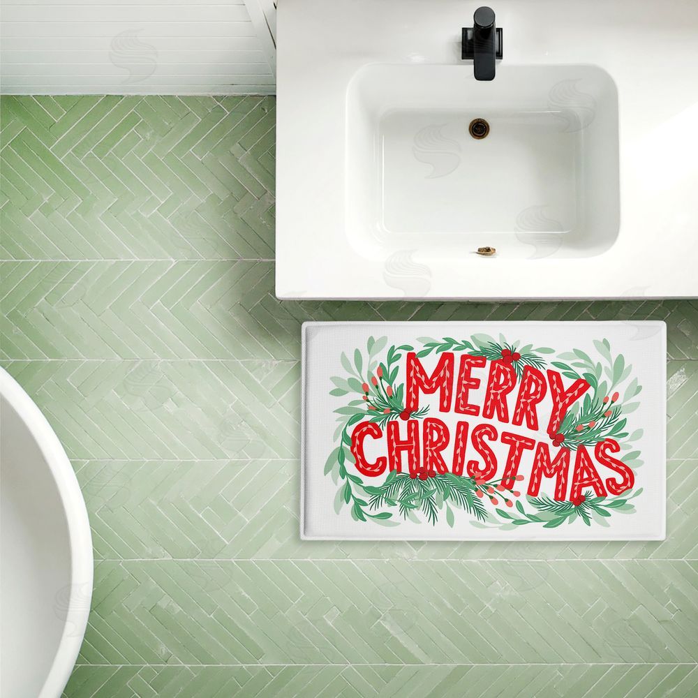 Heather McLaughlin Retro Merry Christmas & Foliage Plush Bathroom Floor Mat