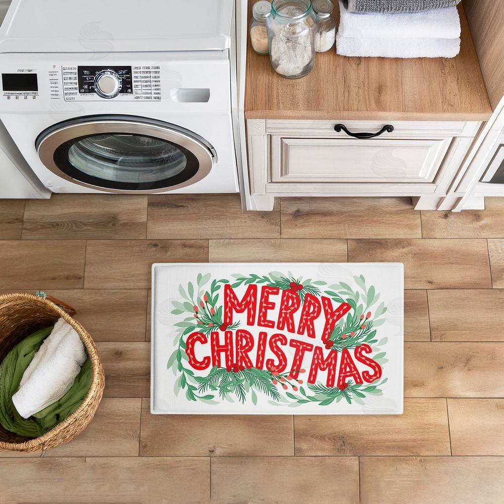 Heather McLaughlin Retro Merry Christmas & Foliage Plush Bathroom Floor Mat