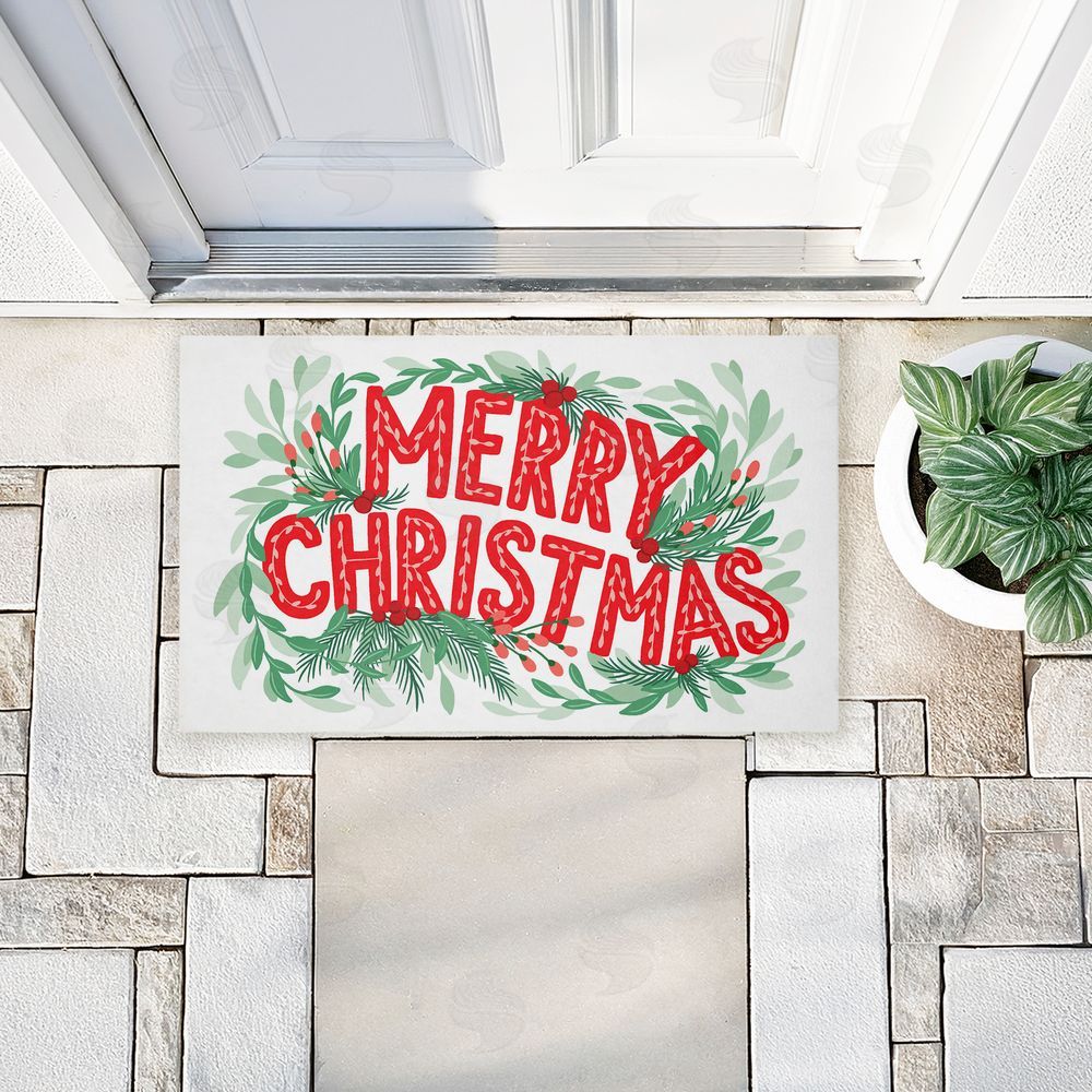 Heather McLaughlin Retro Merry Christmas & Foliage Unwoven Outdoor Door Mat