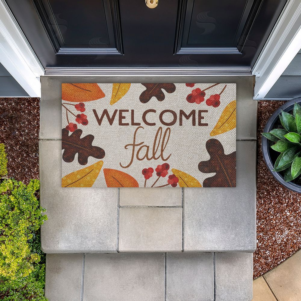 Emily Cromwell Welcome Fall Leaf Border Outdoor Faux Sisal Door Mat