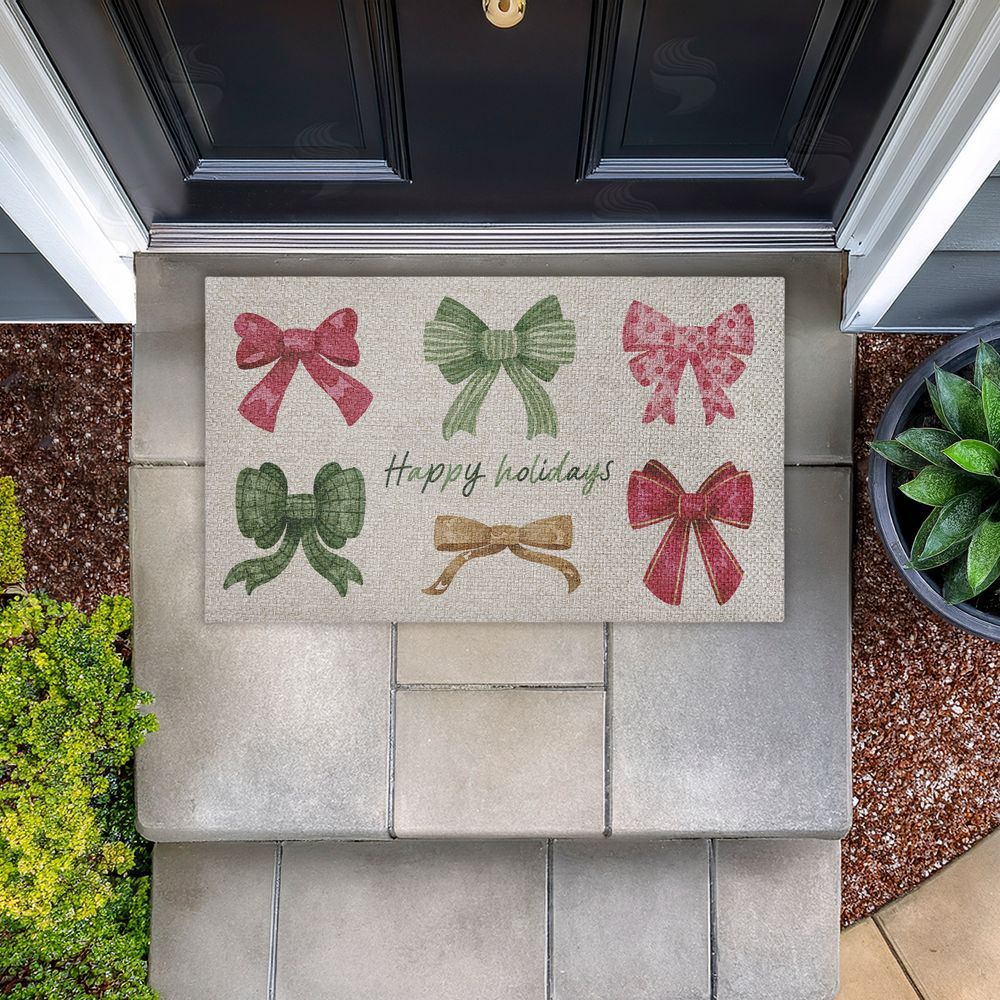 Vanessa Stoilova Happy Holidays Festive Bows Outdoor Faux Sisal Door Mat