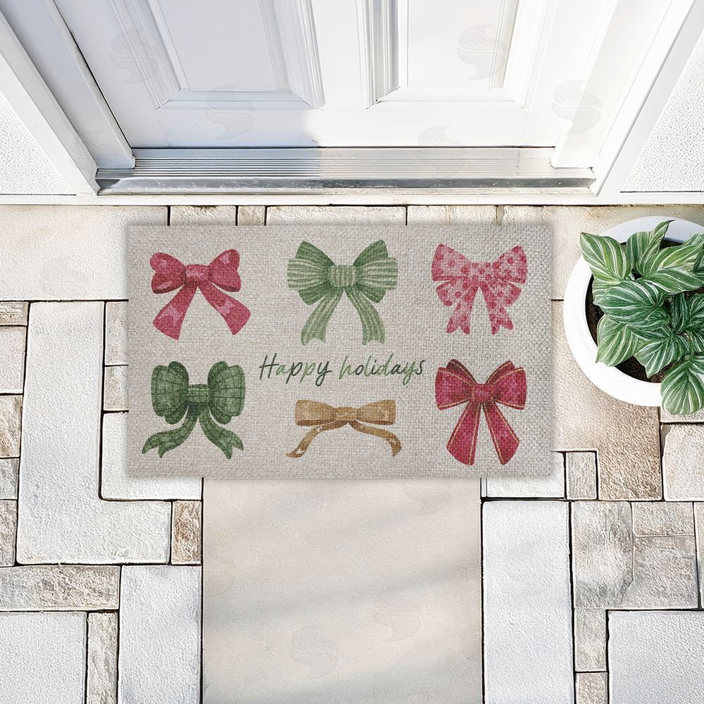 Vanessa Stoilova Happy Holidays Festive Bows Outdoor Faux Sisal Door Mat