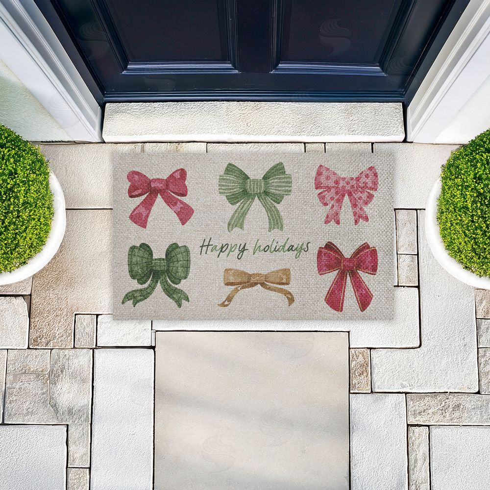 Vanessa Stoilova Happy Holidays Festive Bows Outdoor Faux Sisal Door Mat