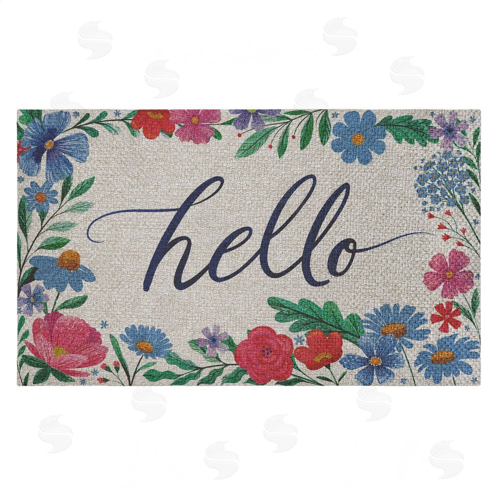 Arrolynn Weiderhold Hello Cursive & Floral Border Outdoor Faux Sisal Door Mat