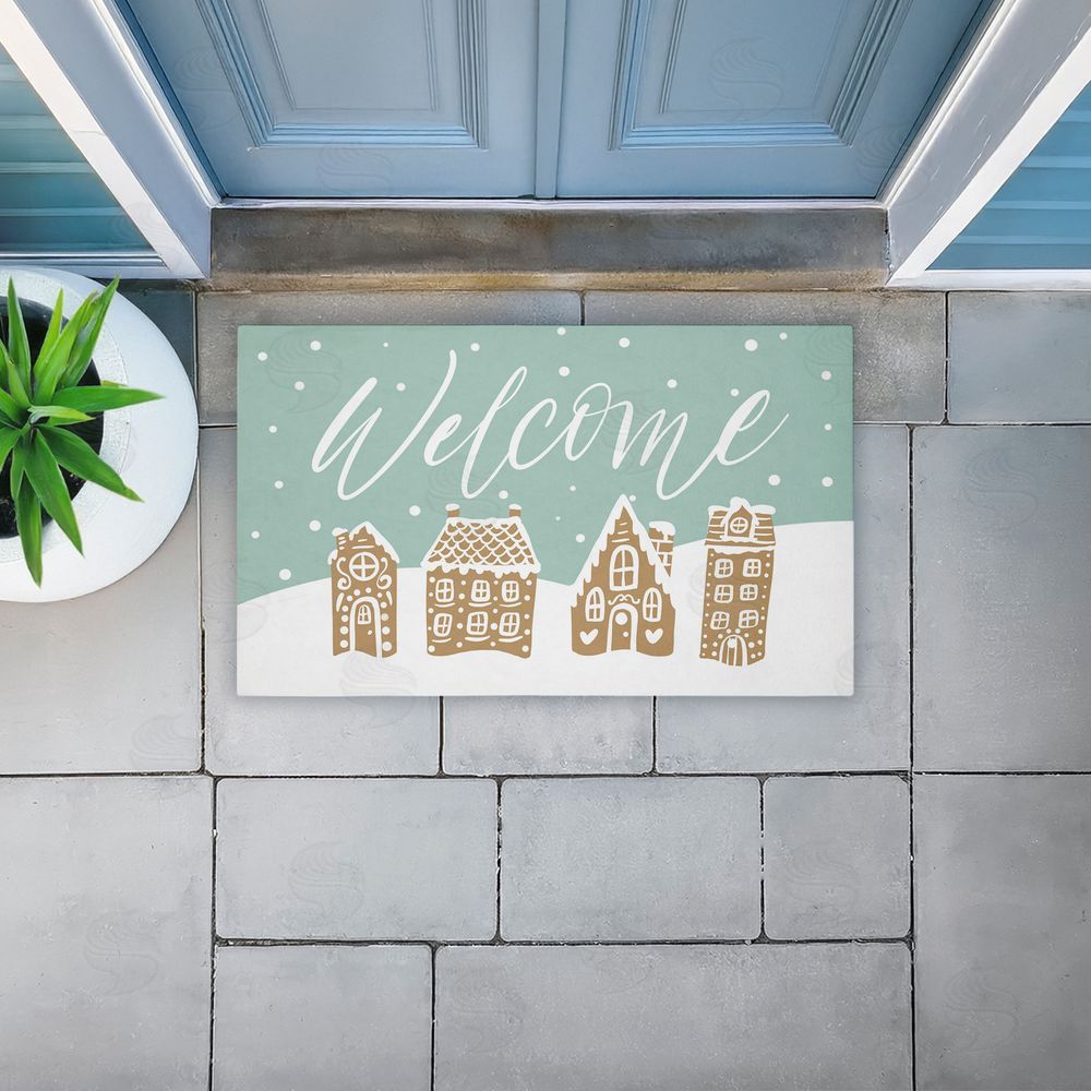 Caverly Smith Welcome Snowy Gingerbread Houses Unwoven Outdoor Door Mat