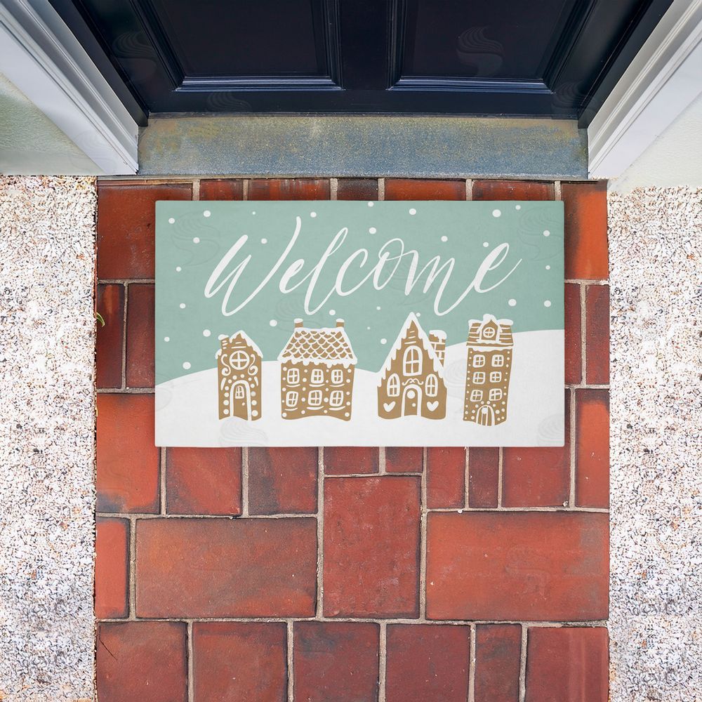 Caverly Smith Welcome Snowy Gingerbread Houses Unwoven Outdoor Door Mat