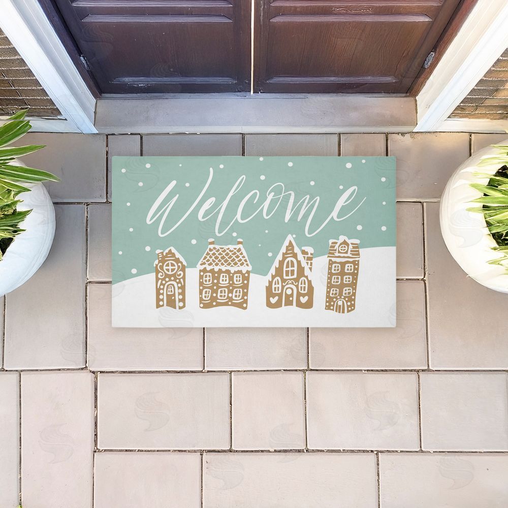 Caverly Smith Welcome Snowy Gingerbread Houses Unwoven Outdoor Door Mat